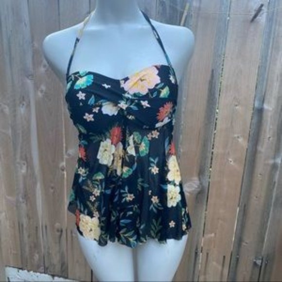 Kona Sol floral bandeau mesh flyaway tankini top size medium - Picture 1 of 6